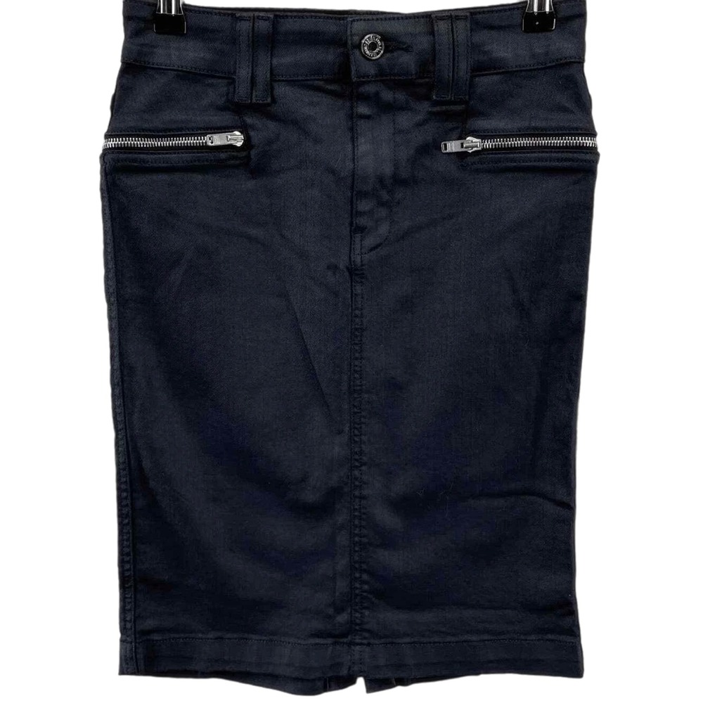 7 For All Mankind Black Coated Moto Denim Pencil Skirt Size 30 Zip Pockets